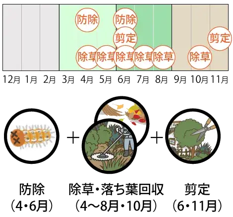 防除（4月・6月）各1回、除草・落ち葉回収（4～8月・10月）各1回、剪定（6月・11月）各1回